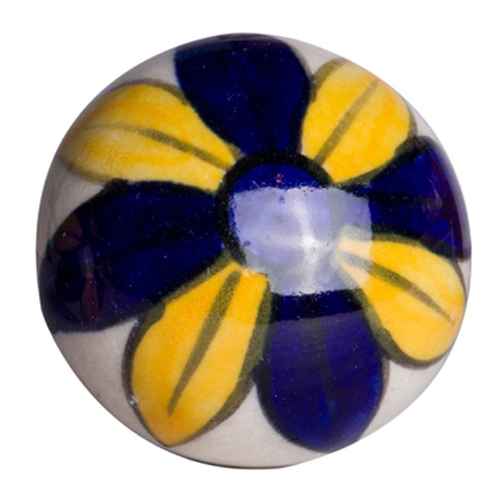 Set of Eight Blue And Yellow Floral Ceramic Drawer Pull Knobs