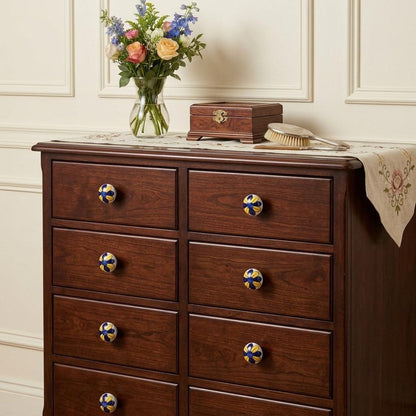 Set of Eight Blue And Yellow Floral Ceramic Drawer Pull Knobs