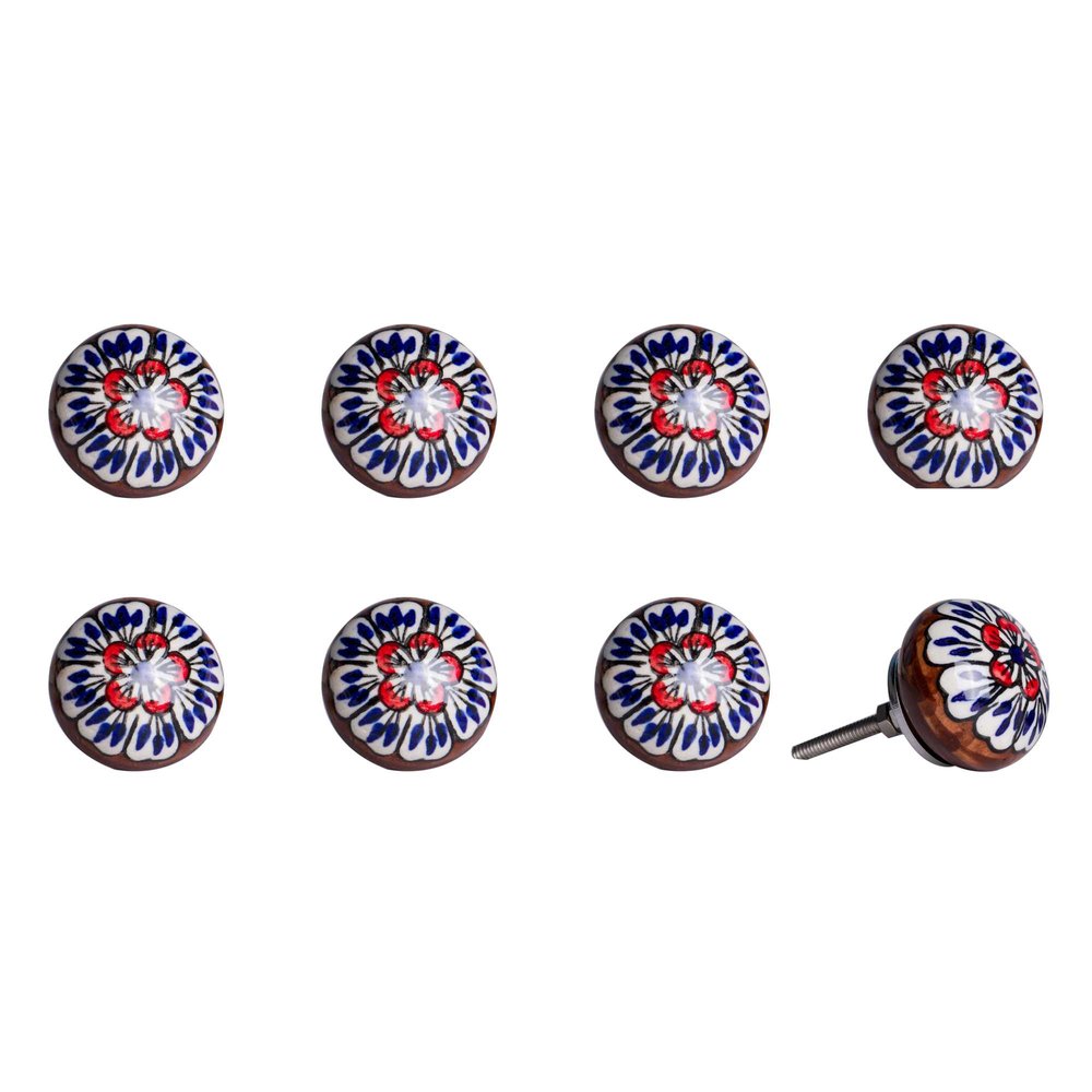Set of Eight Blue And White Floral Ceramic Drawer Pull Knobs