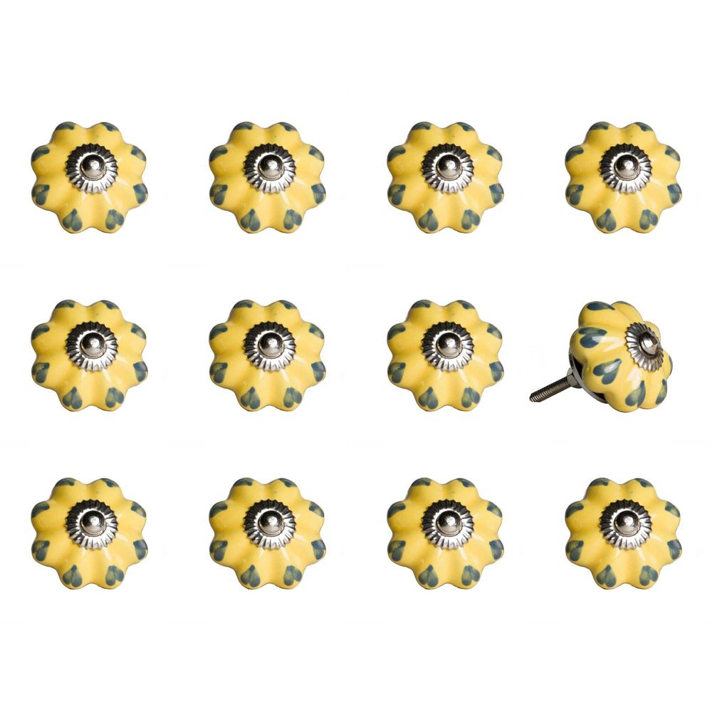 Set of Twelve Yellow And Green Ceramic Drawer Pull Knobs
