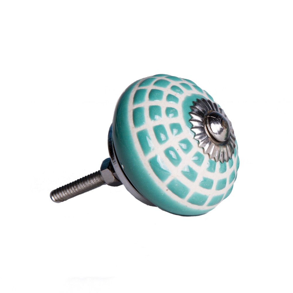 Set of Twelve Turquoise And White Geometric Ceramic Drawer Pull Knobs
