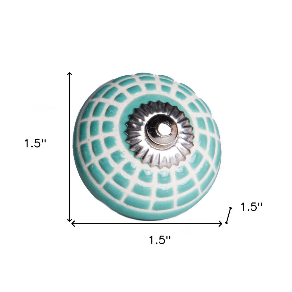 Set of Twelve Turquoise And White Geometric Ceramic Drawer Pull Knobs