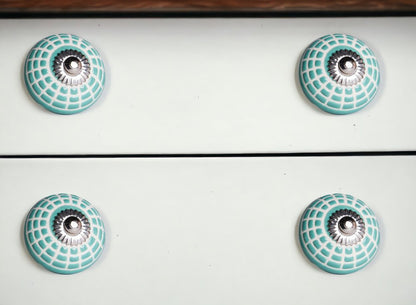 Set of Twelve Turquoise And White Geometric Ceramic Drawer Pull Knobs
