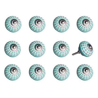 Set of Twelve Turquoise And White Geometric Ceramic Drawer Pull Knobs