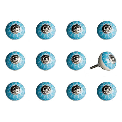 Set of Twelve Aqua White And Silver Geometric Ceramic Drawer Pull Knobs