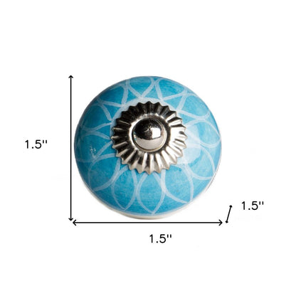 Set of Twelve Aqua White And Silver Geometric Ceramic Drawer Pull Knobs