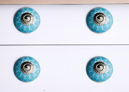 Set of Twelve Aqua White And Silver Geometric Ceramic Drawer Pull Knobs
