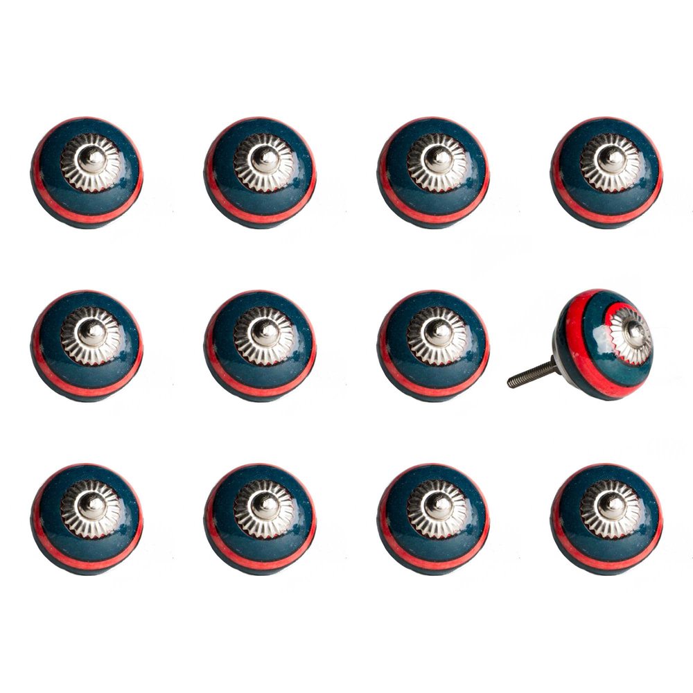 Set of Twelve Navy Blue And Red Geometric Ceramic Drawer Pull Knobs