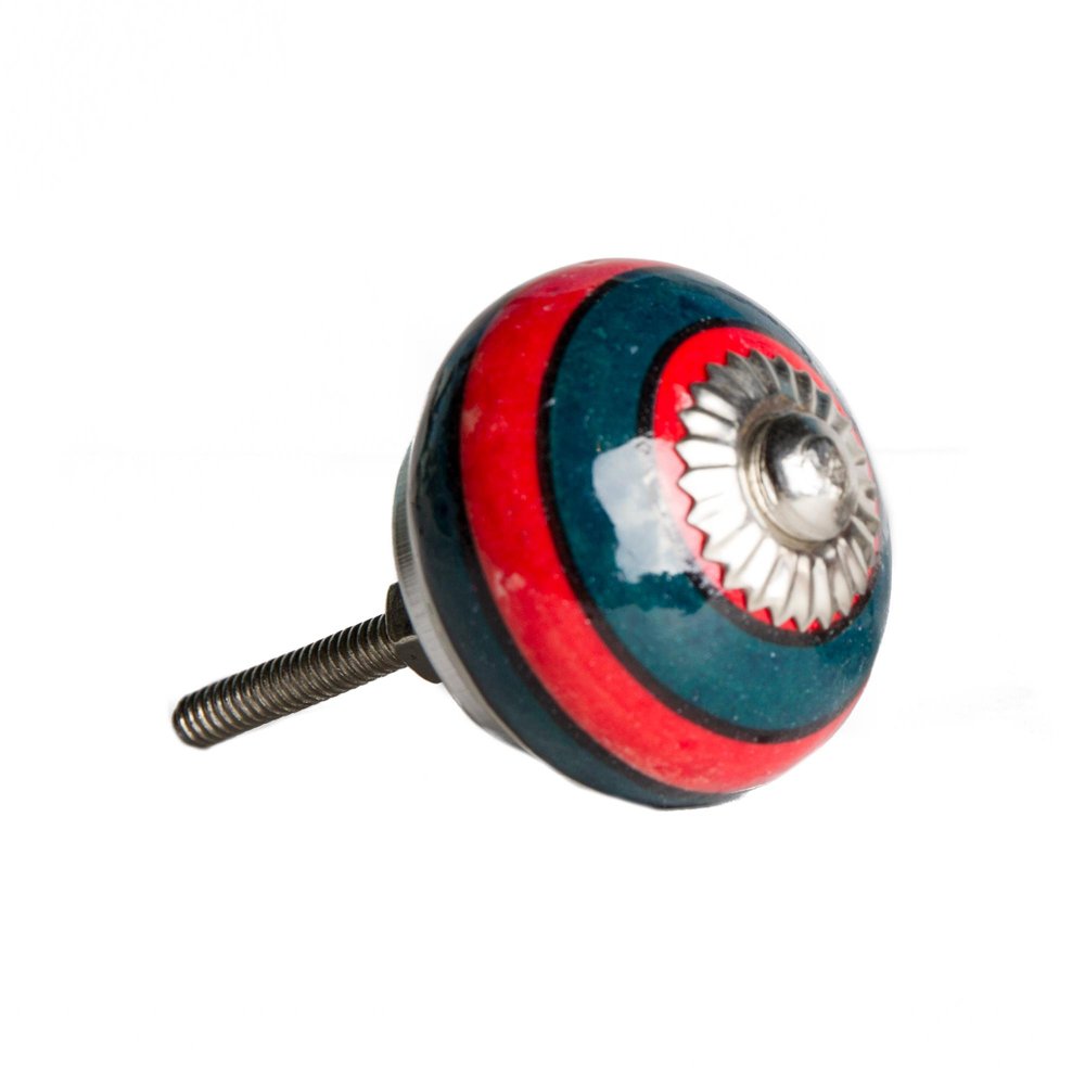 Set of Twelve Navy Blue And Red Geometric Ceramic Drawer Pull Knobs