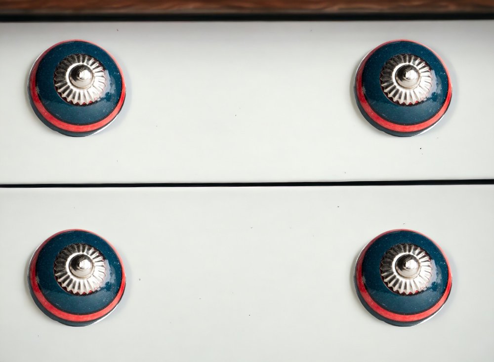 Set of Twelve Navy Blue And Red Geometric Ceramic Drawer Pull Knobs