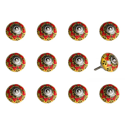 Set of Twelve Yellow And Black Floral Ceramic Drawer Pull Knobs