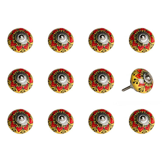 Set of Twelve Yellow And Black Floral Ceramic Drawer Pull Knobs