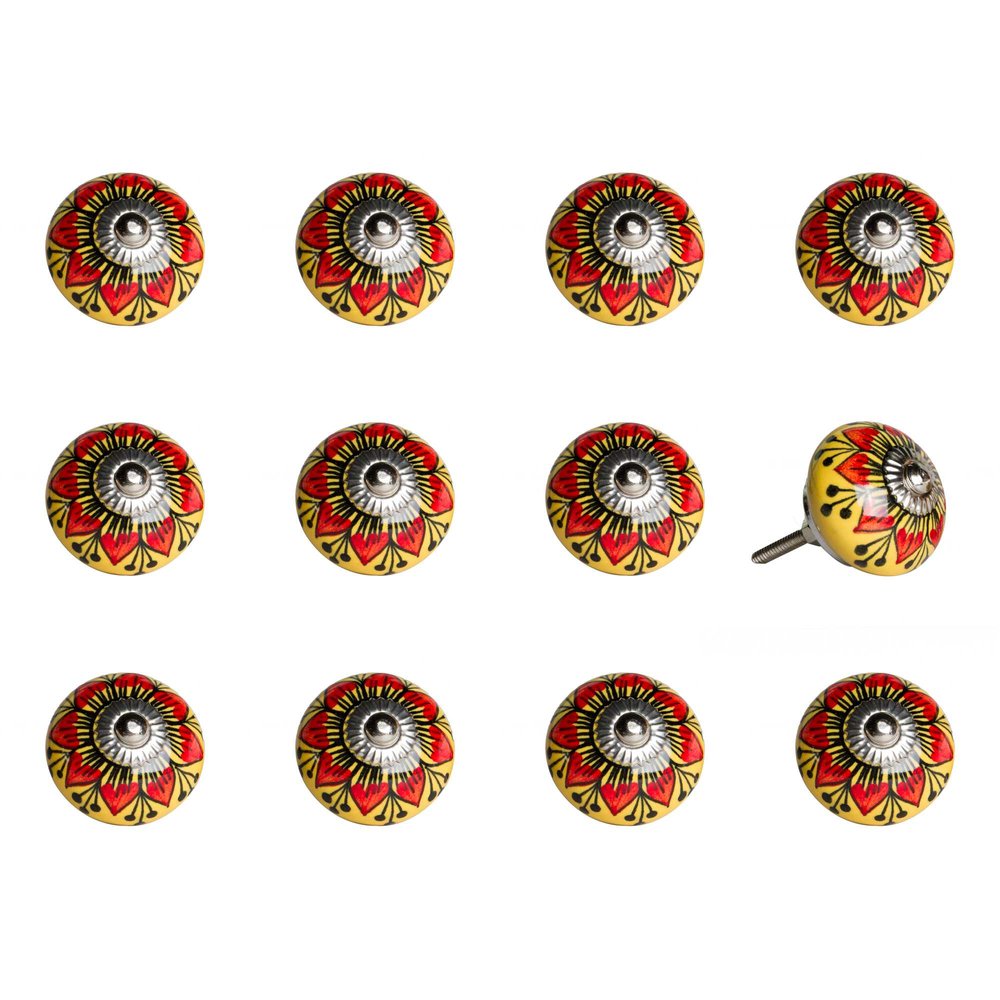 Set of Twelve Yellow And Black Floral Ceramic Drawer Pull Knobs