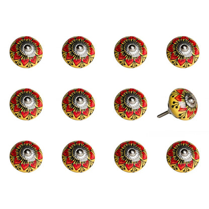 Set of Twelve Yellow And Black Floral Ceramic Drawer Pull Knobs
