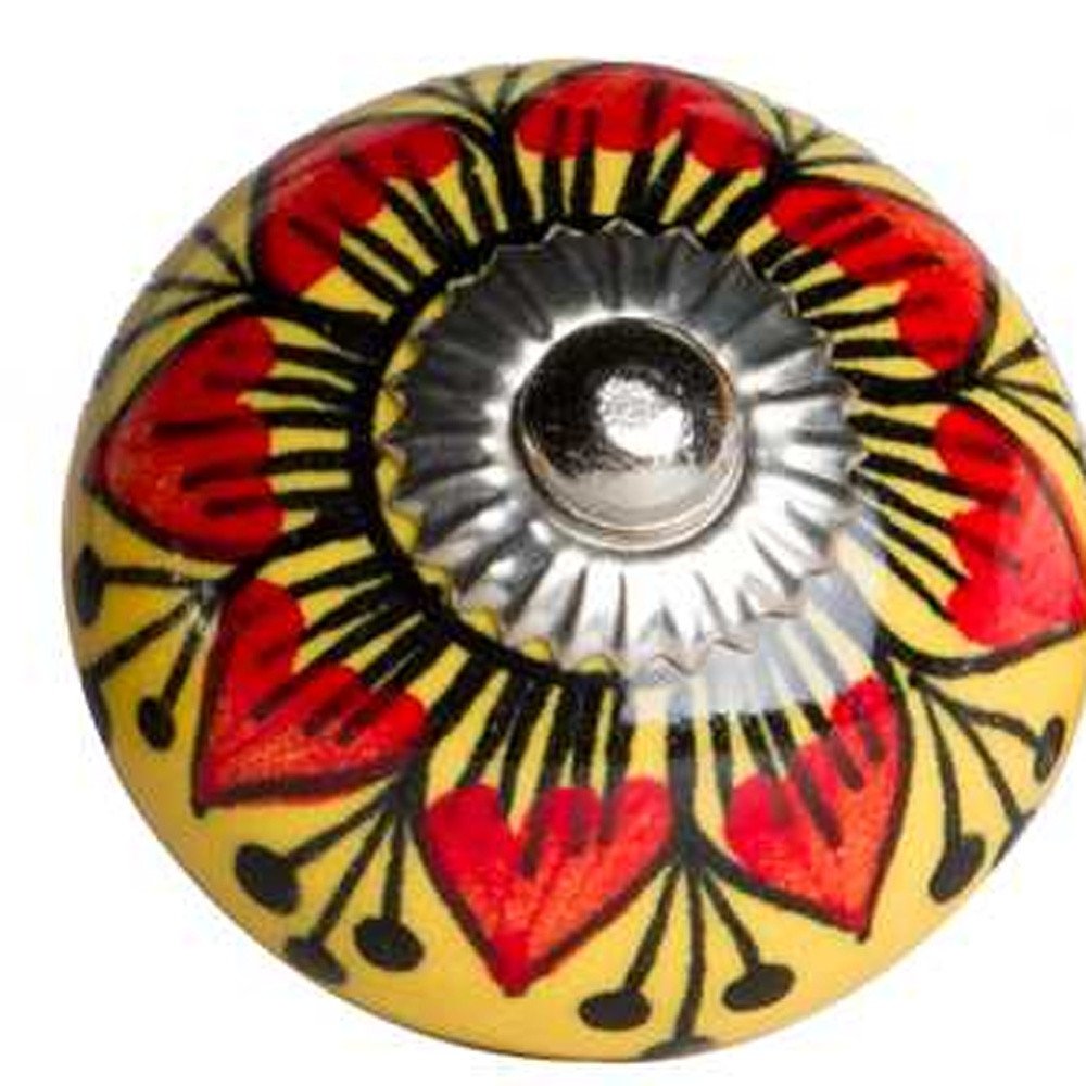 Set of Twelve Yellow And Black Floral Ceramic Drawer Pull Knobs