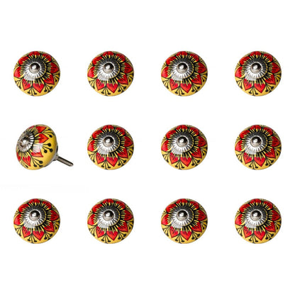 Set of Twelve Yellow And Black Floral Ceramic Drawer Pull Knobs