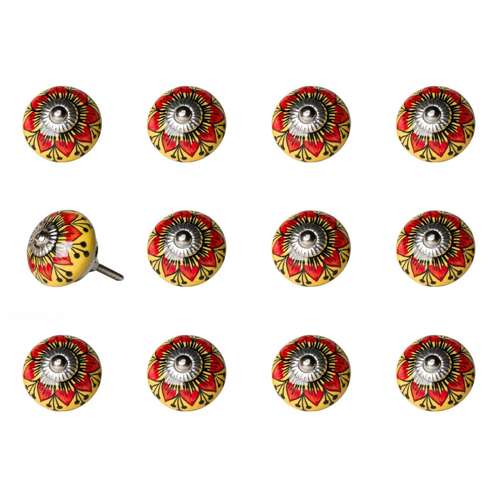 Set of Twelve Yellow And Black Floral Ceramic Drawer Pull Knobs