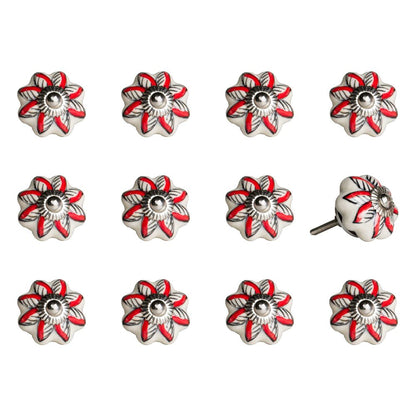 Set of Twelve Red And White Floral Ceramic Drawer Pull Knobs