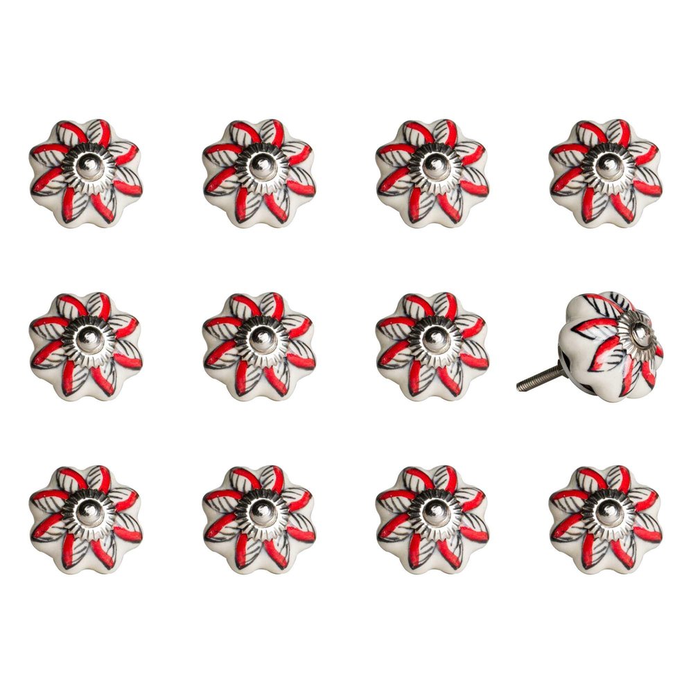 Set of Twelve Red And White Floral Ceramic Drawer Pull Knobs