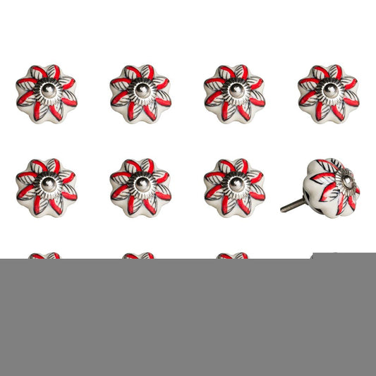 Set of Twelve Red And White Floral Ceramic Drawer Pull Knobs