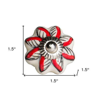 Set of Twelve Red And White Floral Ceramic Drawer Pull Knobs