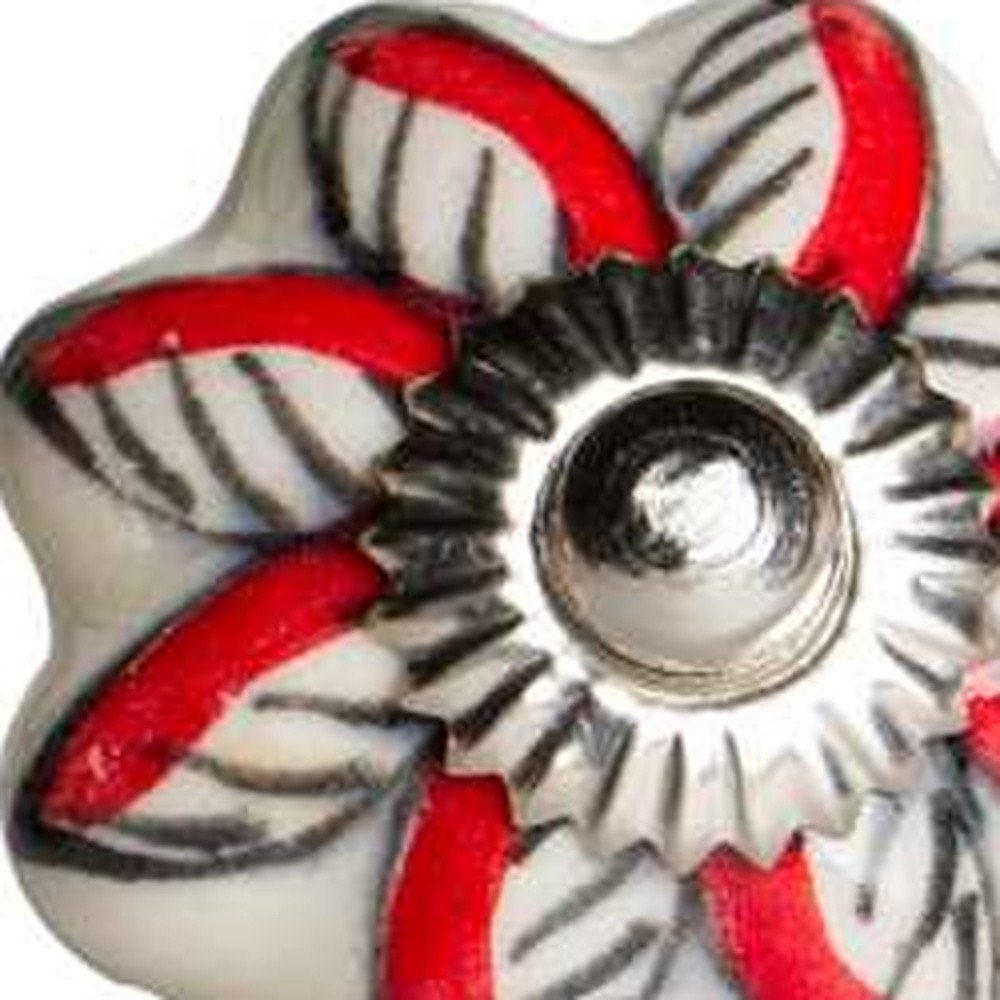 Set of Twelve Red And White Floral Ceramic Drawer Pull Knobs