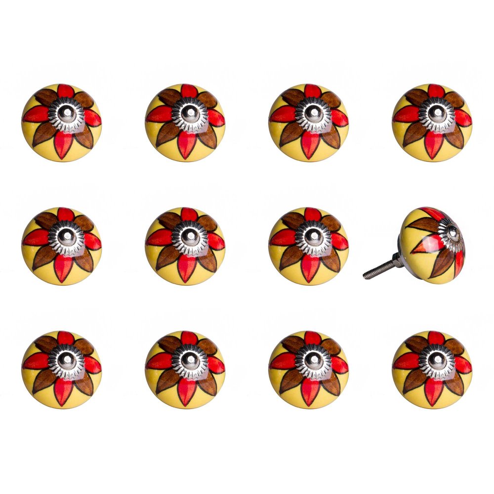 Set of Twelve Red And Yellow Floral Ceramic Drawer Pull Knobs