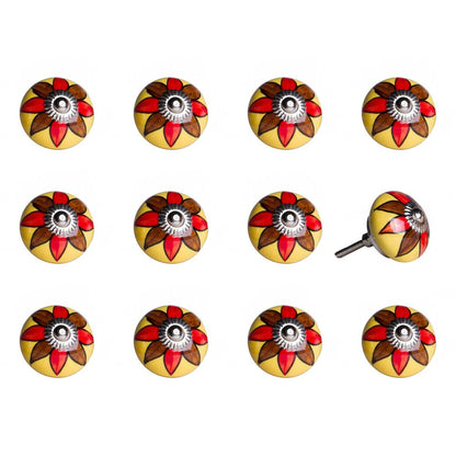 Set of Twelve Red And Yellow Floral Ceramic Drawer Pull Knobs