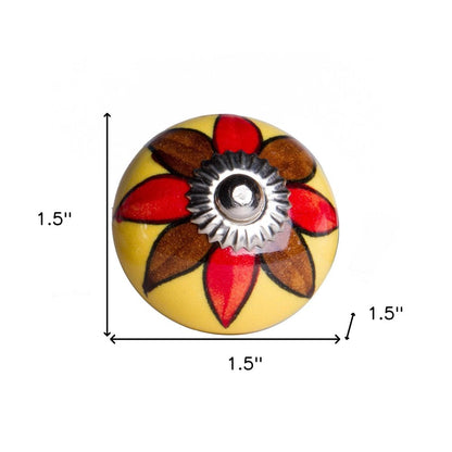 Set of Twelve Red And Yellow Floral Ceramic Drawer Pull Knobs