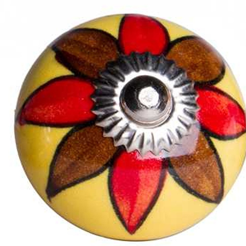 Set of Twelve Red And Yellow Floral Ceramic Drawer Pull Knobs