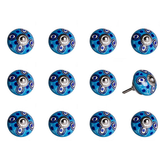 Set of Twelve Blue And White Botanical Ceramic Drawer Pull Knobs