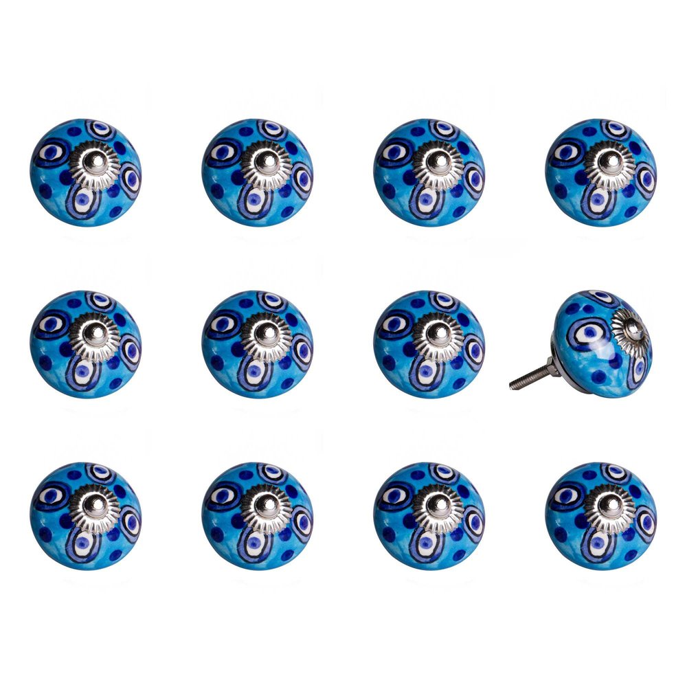 Set of Twelve Blue And White Botanical Ceramic Drawer Pull Knobs