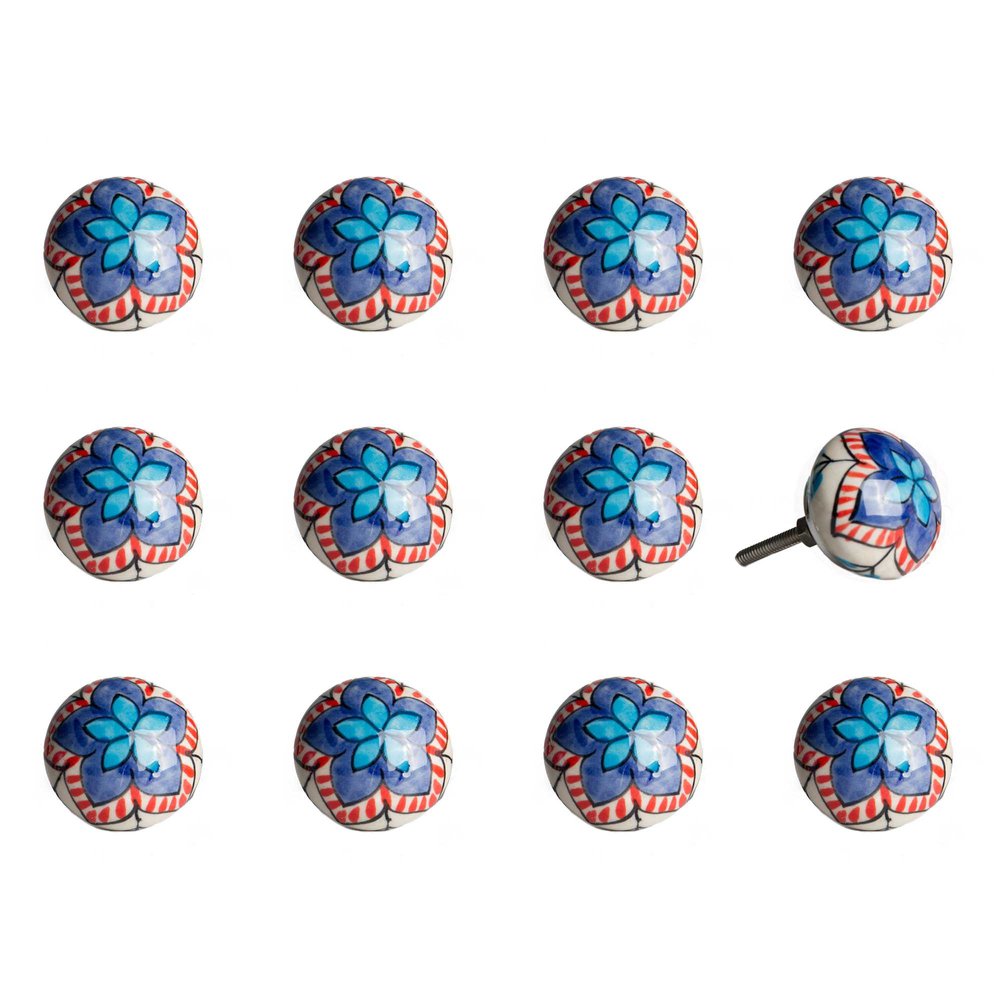 Set of Twelve Blue And White Floral Ceramic Drawer Pull Knobs