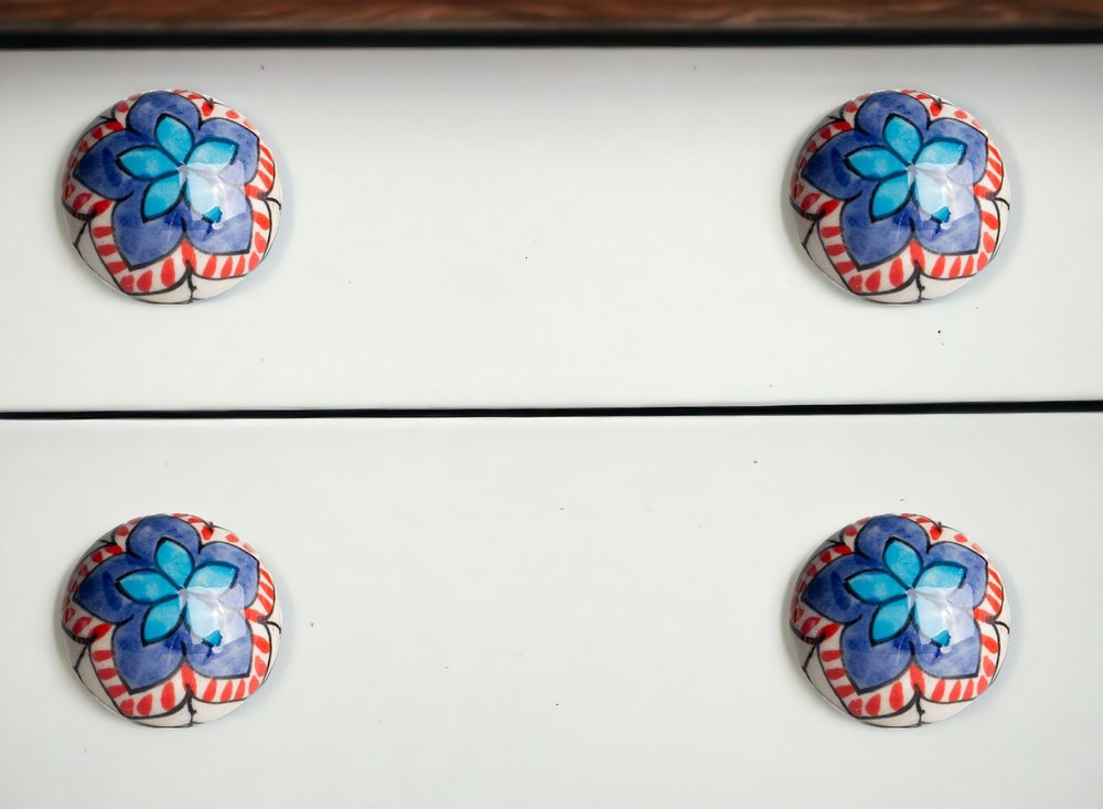 Set of Twelve Blue And White Floral Ceramic Drawer Pull Knobs