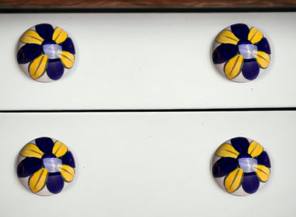 Set of Twelve Blue And Yellow Floral Ceramic Drawer Pull Knobs