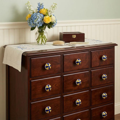 Set of Twelve Blue And Yellow Floral Ceramic Drawer Pull Knobs