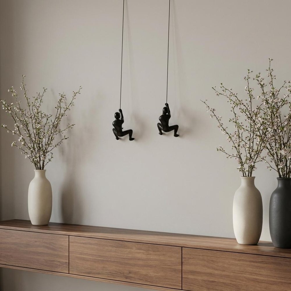 Set of Two Black Resin Climbing Man Hanging Dimensional Sculpture