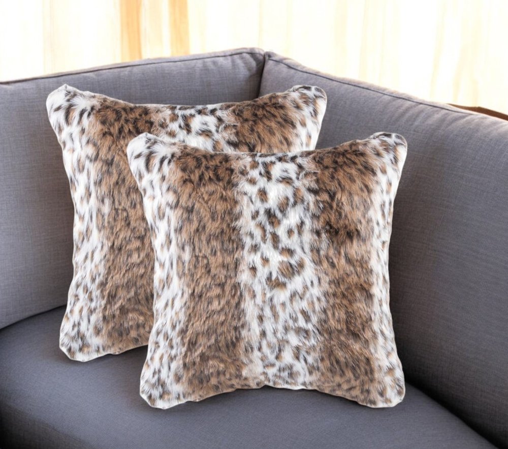 Set of Two 18" Brown White And Black Faux Fur Throw Pillows