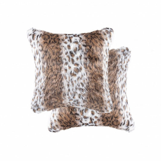 Set of Two 18" Brown White And Black Faux Fur Throw Pillows