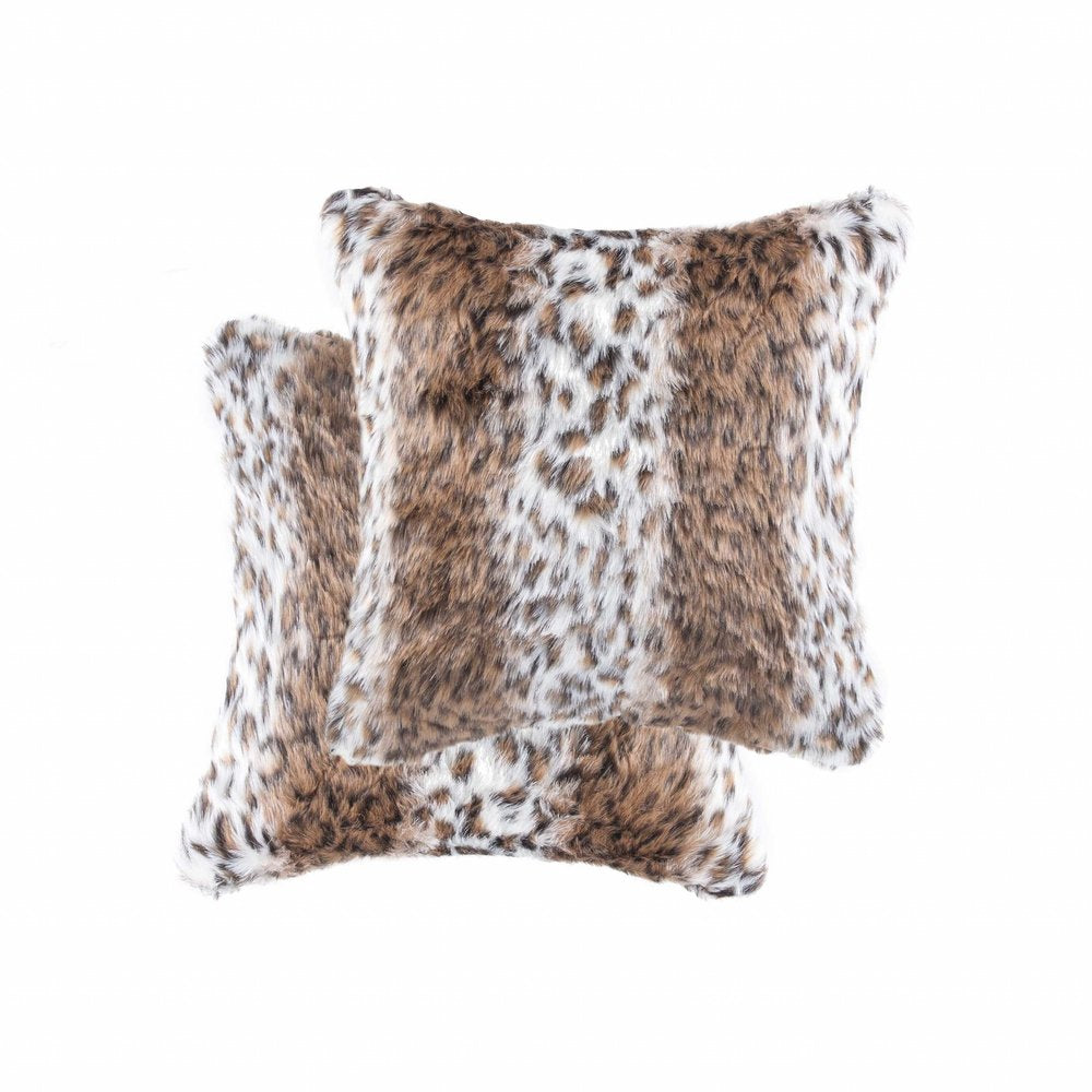 Set of Two 18" Brown White And Black Faux Fur Throw Pillows