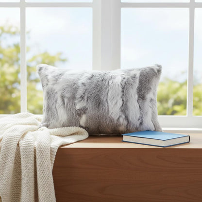 5" X 12" X 20" 100% Natural Rabbit Fur Grey Pillow