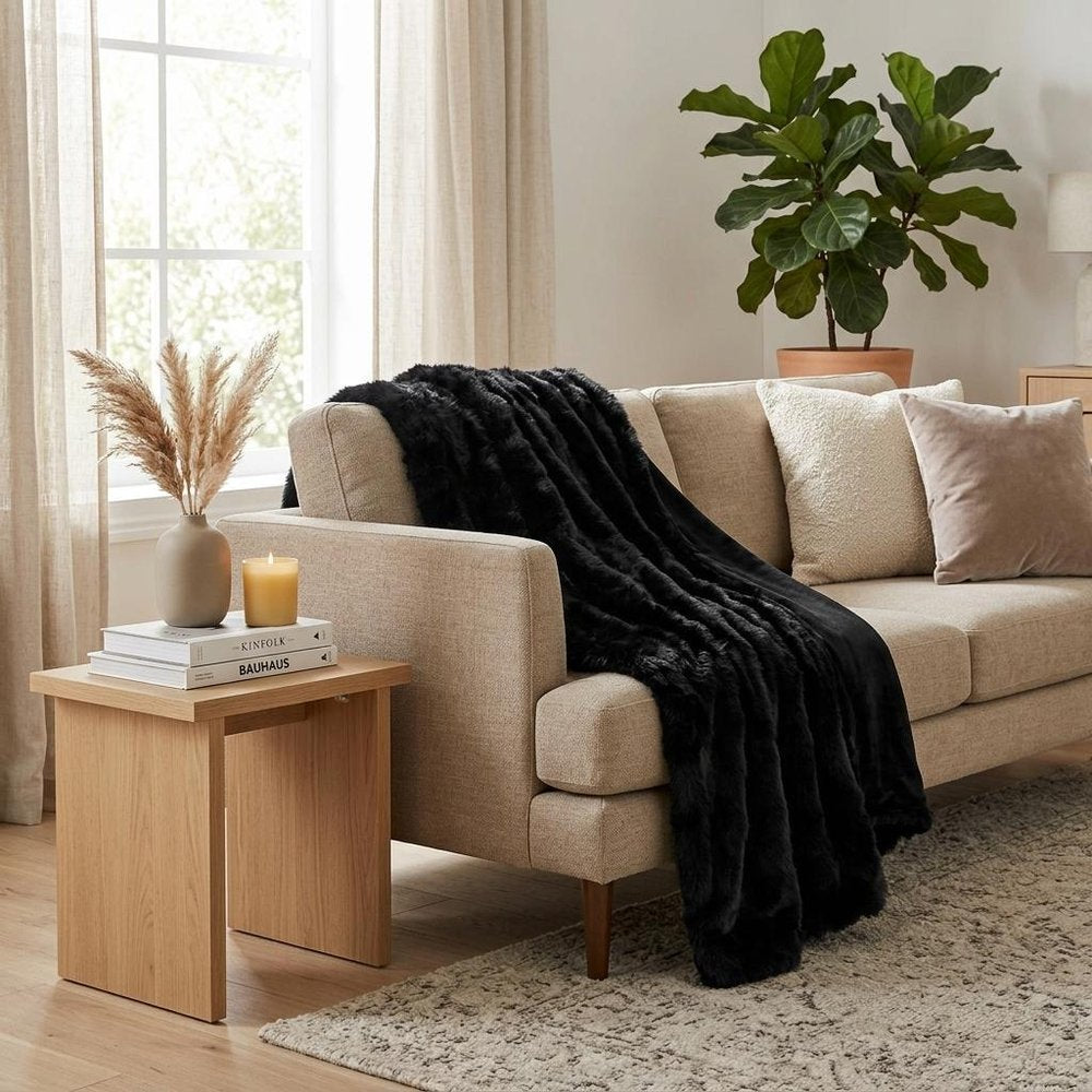 Black Knitted Rabbit Solid Color Plush Reversable Throw