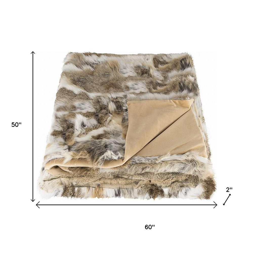 60" X 50" Tan Knitted Rabbit Fur Animal Print Throw Blanket