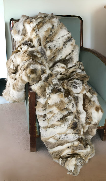 60" X 50" Tan Knitted Rabbit Fur Animal Print Throw Blanket