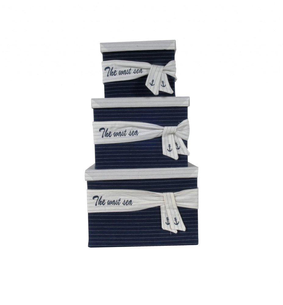 Set of Three Blue And White Fabric Organizing Box With Lid