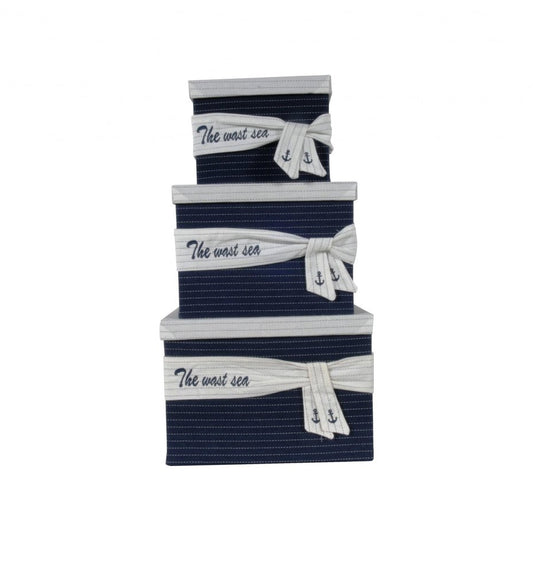 Set of Three Blue And White Fabric Organizing Box With Lid