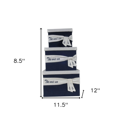 11.5" X 12" X 8.5" White Blue Fabric Boxes With Cover Set Of 3