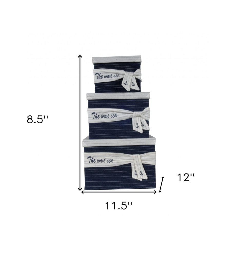 Set of Three Blue And White Fabric Organizing Box With Lid