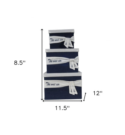 Set of Three Blue And White Fabric Organizing Box With Lid