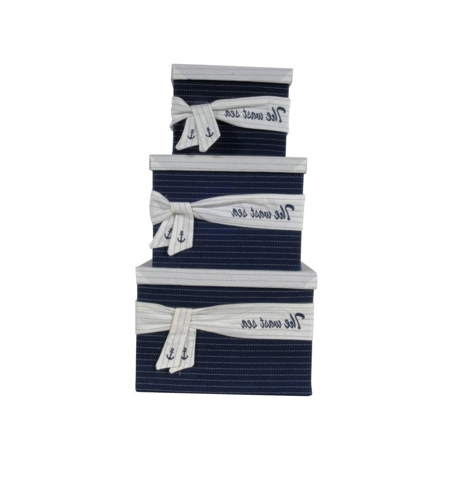 Set of Three Blue And White Fabric Organizing Box With Lid